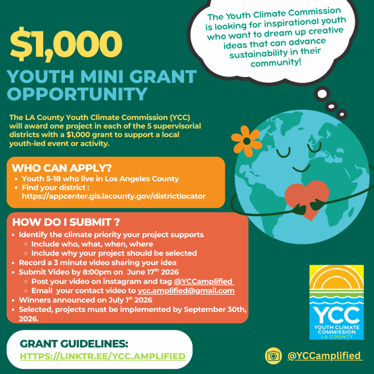 LA County Youth Climate Commission  grants up to $1,000  June 17 deadline